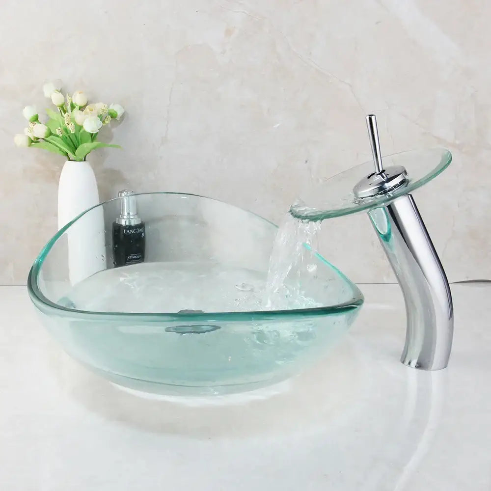 Modern hand painted clear glass basin mixer faucet with sleek chrome waterfall mixer faucet for bathroom sink