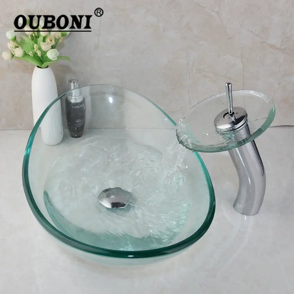 Modern hand painted glass basin mixer faucet with clear glass bowl sink and chrome waterfall spout by ouboni