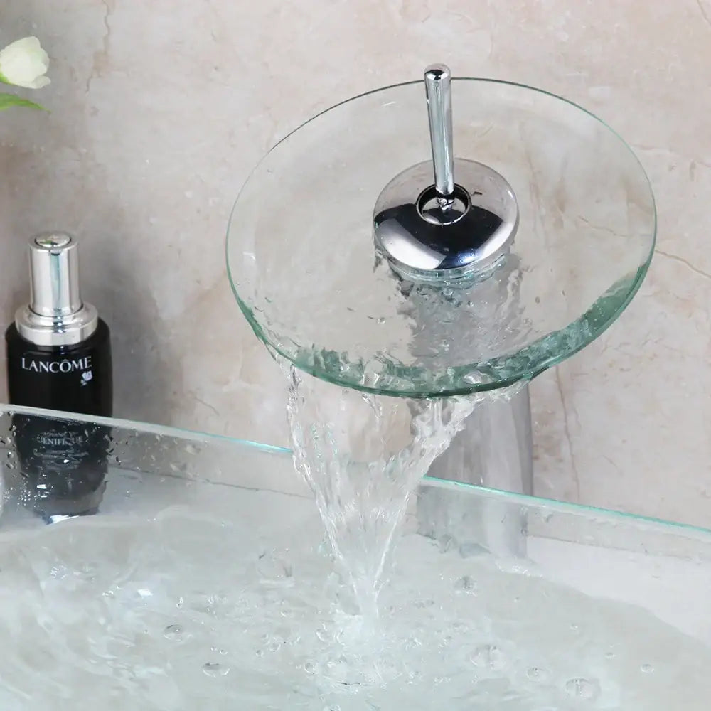 Modern hand painted glass basin mixer faucet chrome finished with transparent glass bowl and flowing water