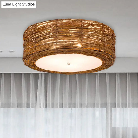 DecorBites™ DecorBites™ Modern Hand-Woven Flush Mount Rattan Lamp with 3 Lights - Brown, 16"/19.5" W