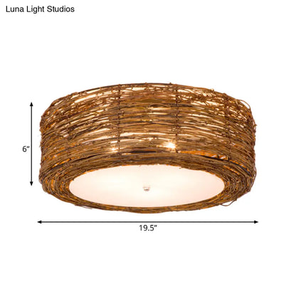 DecorBites™ DecorBites™ Modern Hand-Woven Flush Mount Rattan Lamp with 3 Lights - Brown, 16"/19.5" W