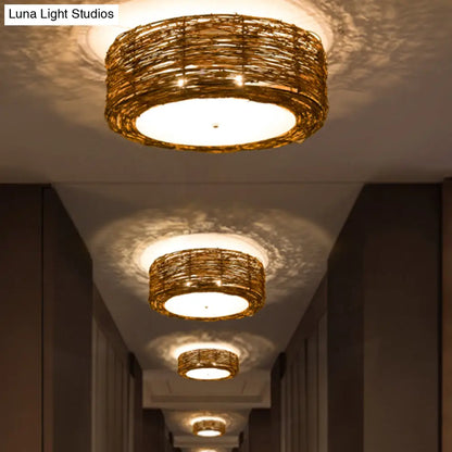 DecorBites™ DecorBites™ Modern Hand-Woven Flush Mount Rattan Lamp with 3 Lights - Brown, 16"/19.5" W