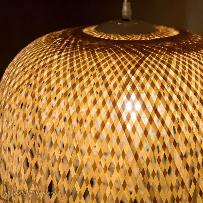 Modern handwoven golden bamboo pendant light with diamond lattice design ideal for dining room decorbites bamboo pendant lights