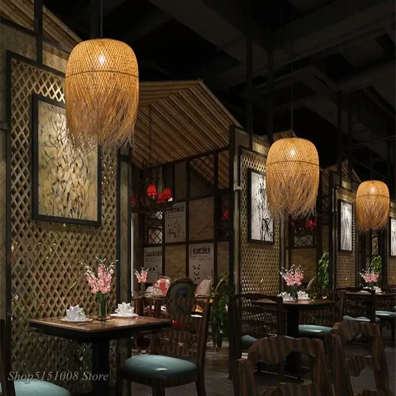 Modern handwoven warm golden bamboo pendant lights for dining room by decorbites enhance interior decor