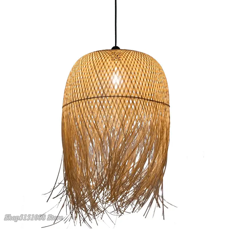 Modern warm-toned decorbites bamboo pendant lights with natural woven pattern and hanging fringes for dining room decor