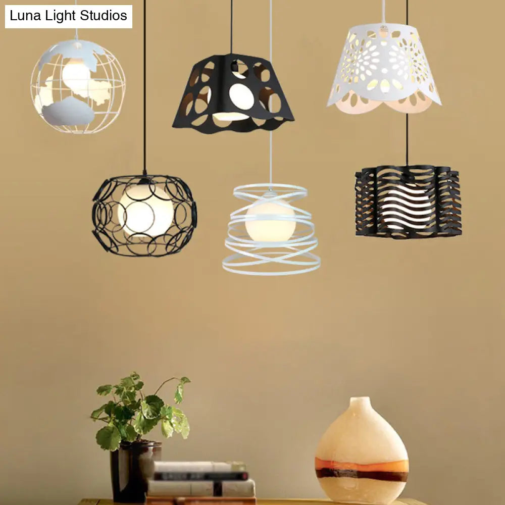 Modern Hanging Pendant Light with Opal Glass Shade - Black/White Finish