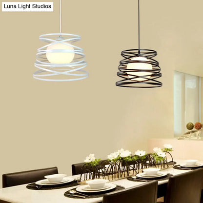 Modern Hanging Pendant Light with Opal Glass Shade - Black/White Finish