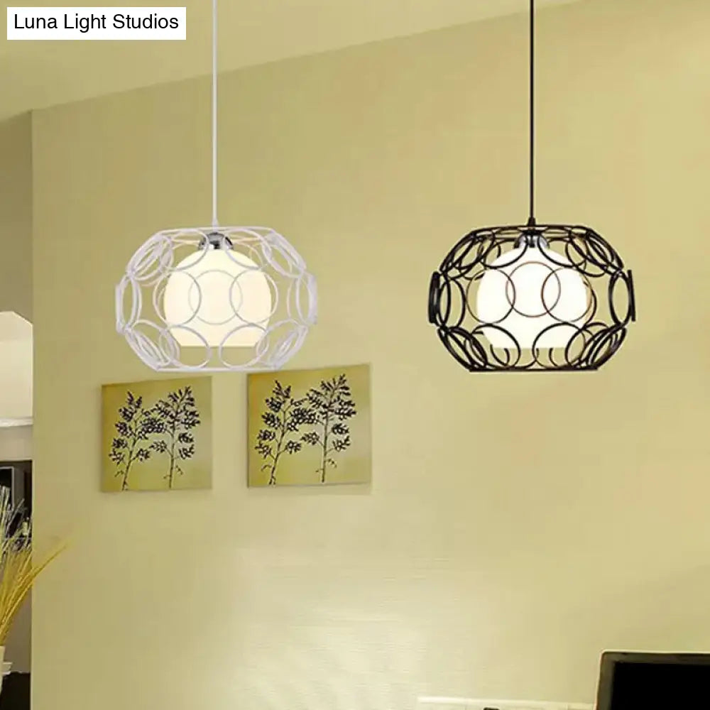 Modern Hanging Pendant Light with Opal Glass Shade - Black/White Finish