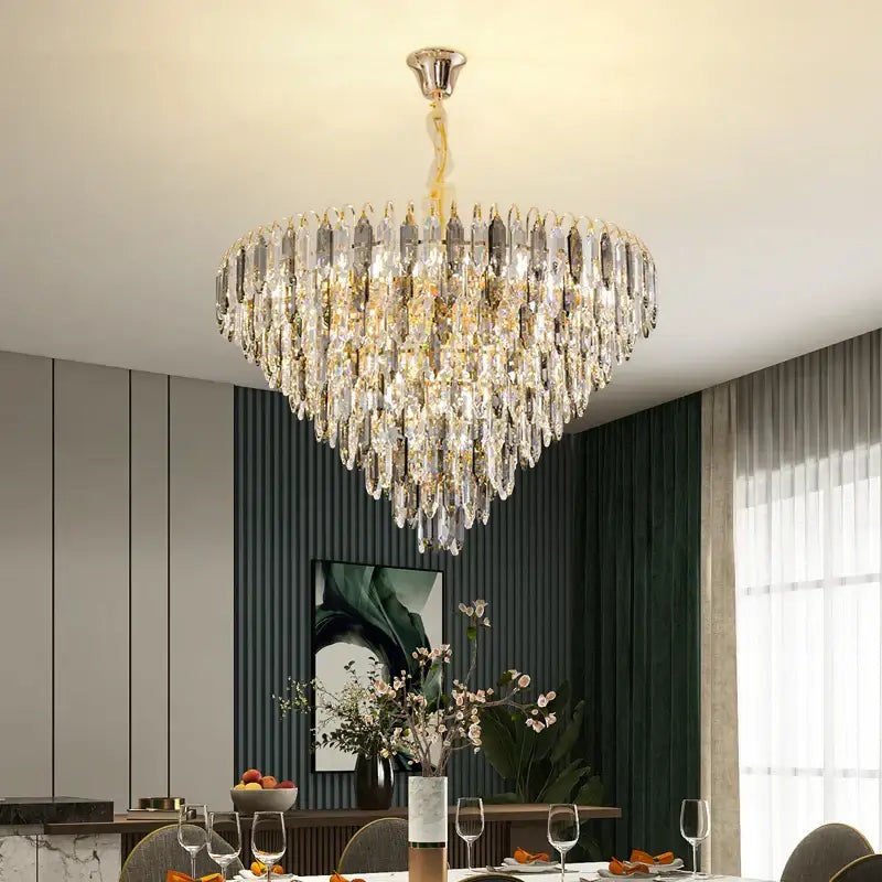 Modern heart shaped gold decorbites crystal chandelier with cascading clear and gold glass prisms for living room decor