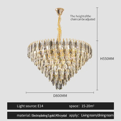 Modern heart shaped gold decorbites crystal chandelier with cascading clear and smoky k9 crystals for elegant living rooms