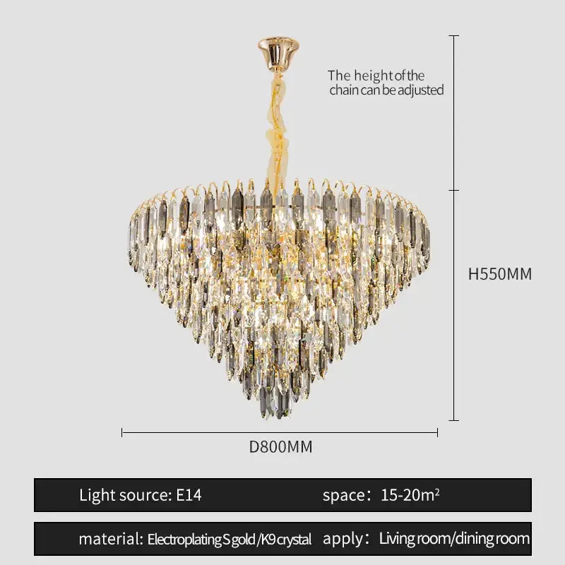 Modern heart shaped gold decorbites crystal chandelier with cascading clear and smoky k9 crystals for elegant living rooms