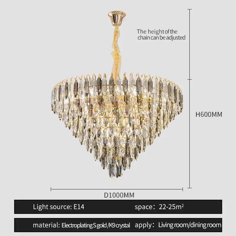 Modern heart shaped gold decorbites crystal chandelier with cascading clear and smoky crystal prisms for living rooms