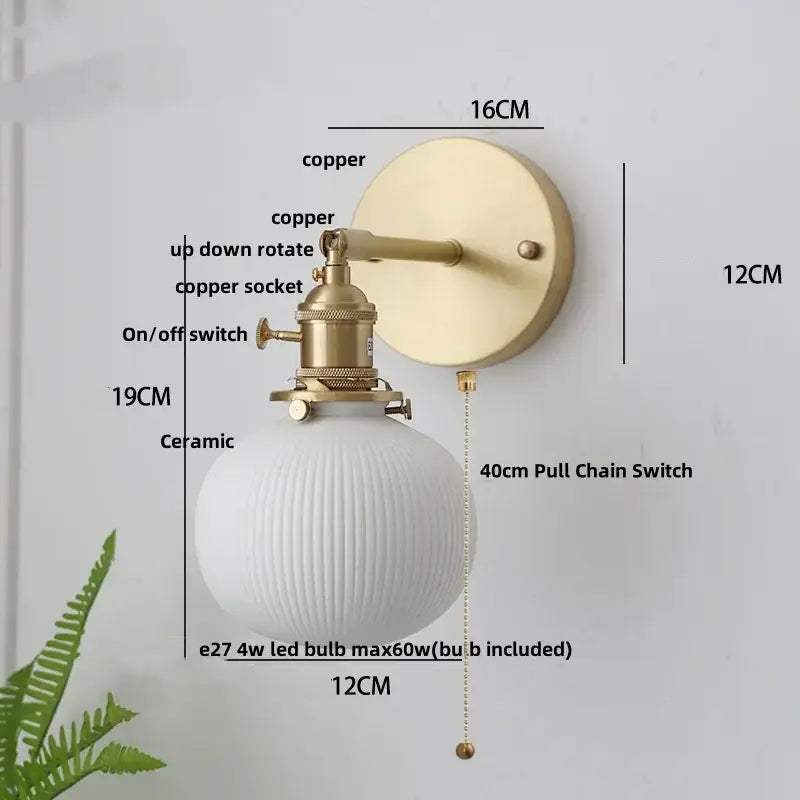 Modern herringbone ceramic copper led wall lamp with brushed copper led sconce finish and white ridged globe shade for bedroom decorbites copper led