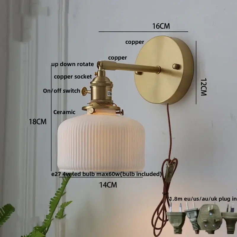 Vintage-style brass wall lamp with ribbed herringbone ceramic shade and copper led sconce for bedroom decorbites copper led