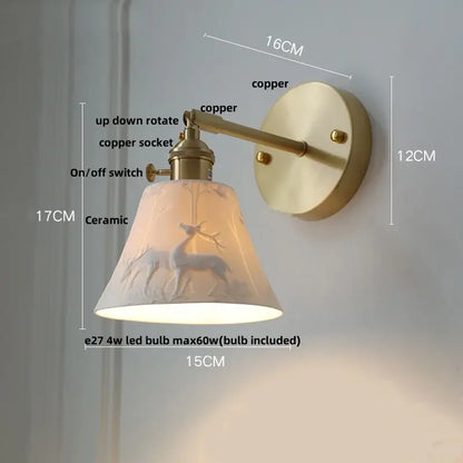 Vintage-style copper led sconce wall lamp with ceramic deer motif shade for bedroom decorbites copper led lighting