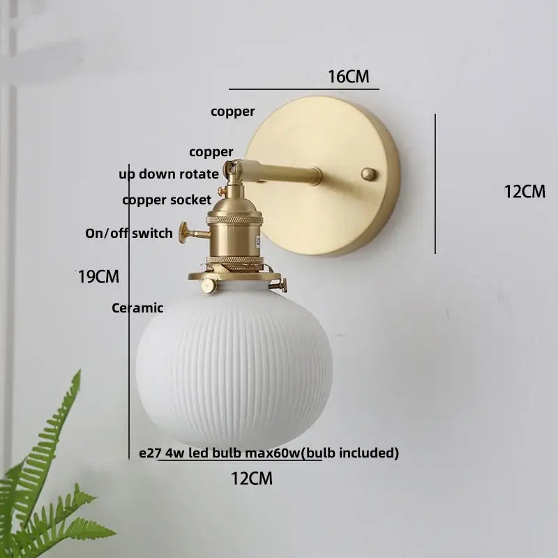 Modern herringbone ceramic copper led sconce wall lamp with brushed copper finish and white ribbed globe for bedroom decorbites copper led wall lamp