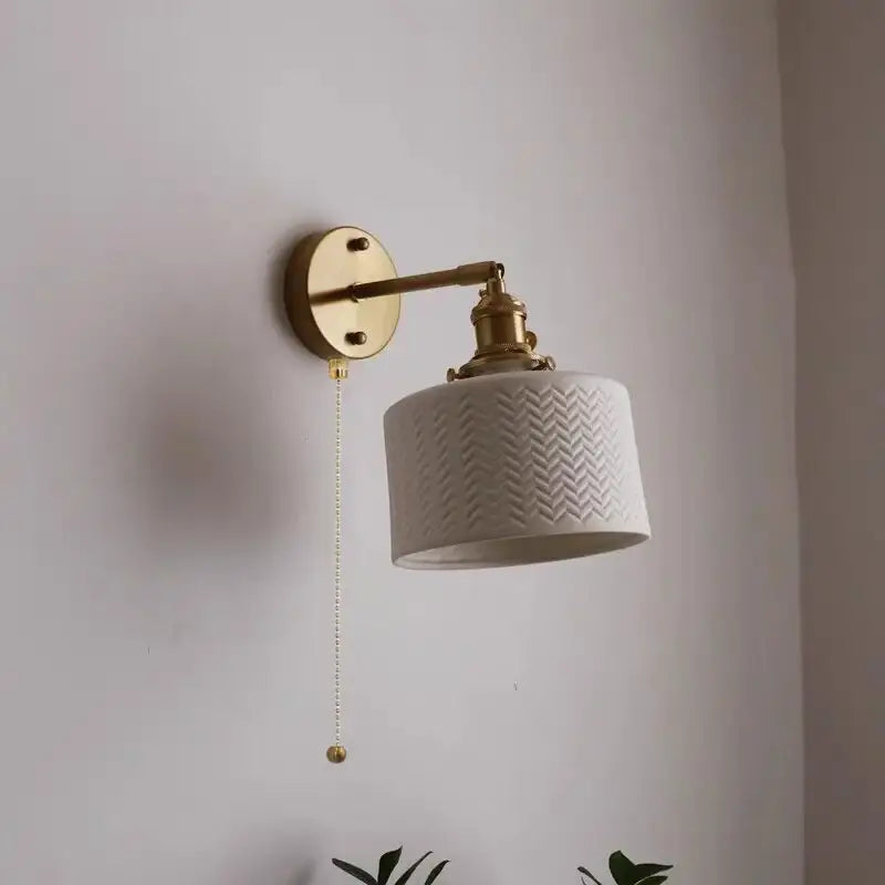 Modern white ceramic wall lamp with textured chevron pattern and brass decorbites copper led sconce for bedroom decor
