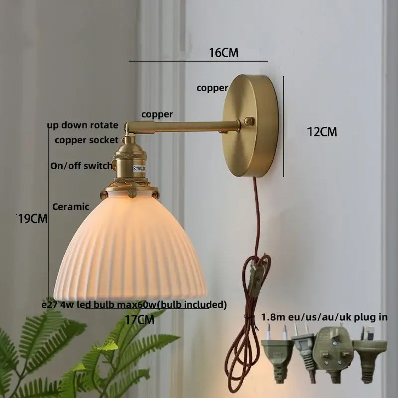 Vintage-style copper led sconce wall lamp with ribbed ceramic herringbone shade for bedroom decorbites copper led