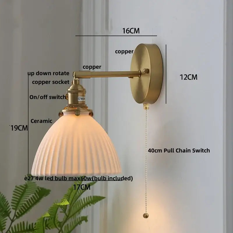 Vintage-style copper led sconce wall lamp with ribbed ceramic shade and pull chain switch for bedroom decorbites copper led