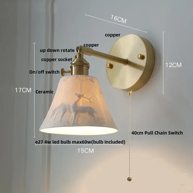 Vintage-style copper led sconce wall lamp with ceramic lampshade and embossed deer silhouettes for bedroom decorbites copper led