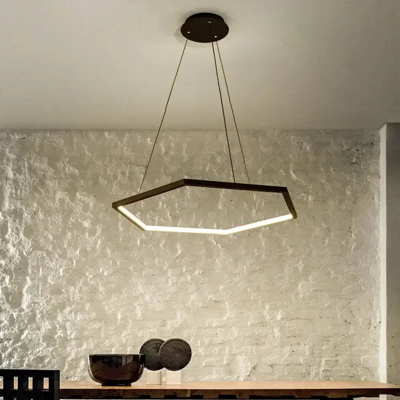 Modern hexagon aluminium led pendant light with sleek black frame and glowing dimmable led strip for living room decorbites