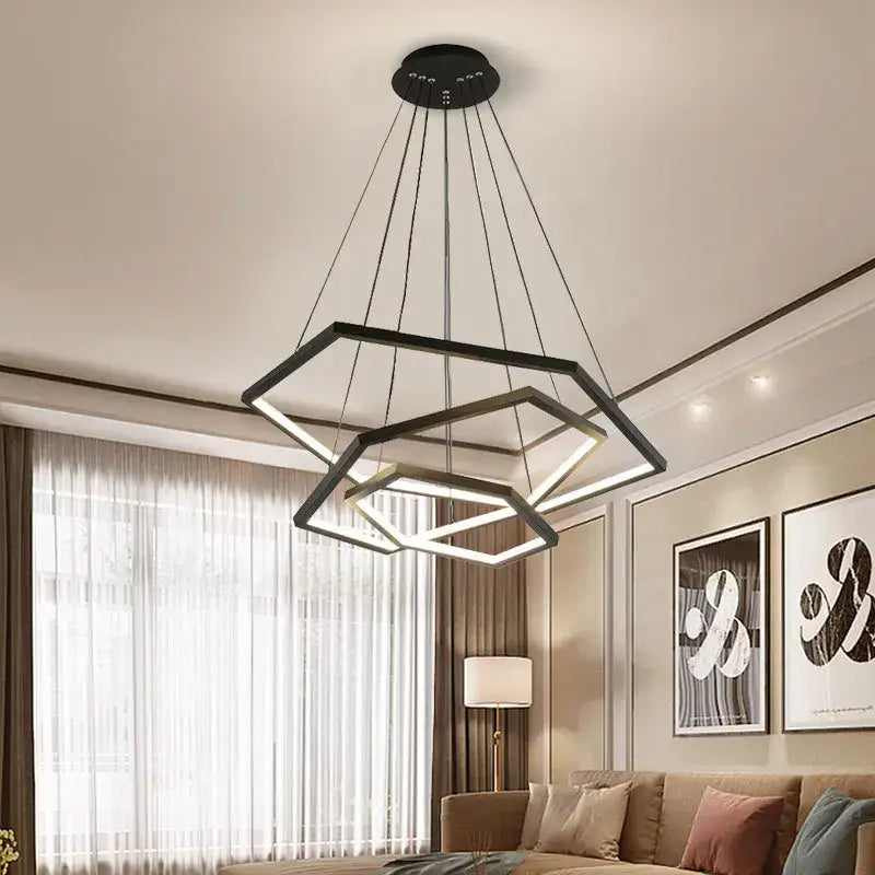 Modern black hexagon aluminium led pendant light with illuminated edges for dimmable living room decorbites pendant light