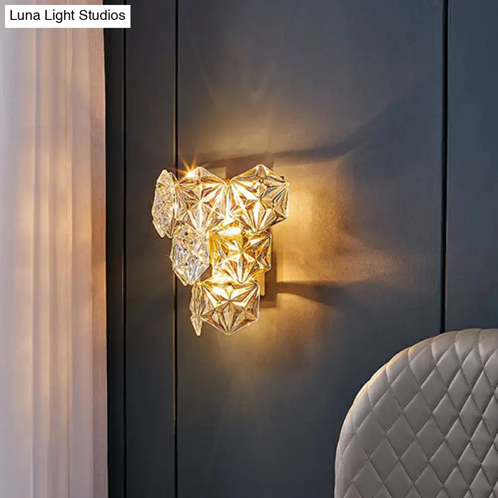 Modern hexagon gold finish glass wall light with faceted crystal design for bedroom sconce e12 e14 bulbs