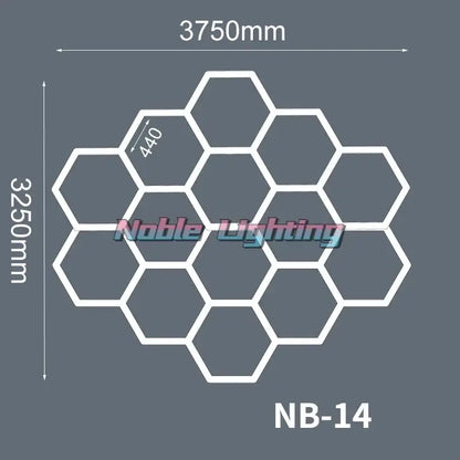 White and gray modern hexagon led ceiling light panel by noble lighting model nb-14 3750mm by 3250mm decorbites hexagon led