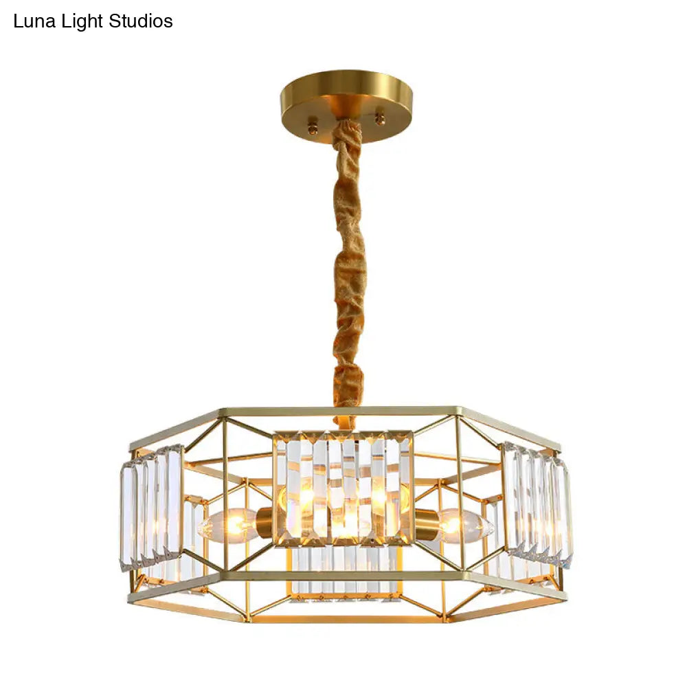 Lámpara de techo moderna hexagonal con marco metálico y bloque de cristal - Lámpara de techo dorada de 3 luces