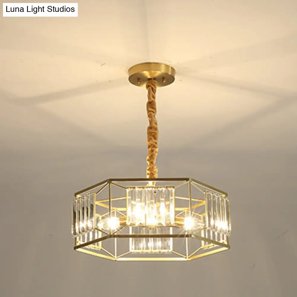 Lámpara de techo moderna hexagonal con marco metálico y bloque de cristal - Lámpara de techo dorada de 3 luces