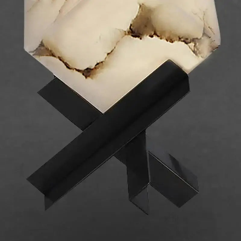 Modern hexagonal cube marble table lamp with white onyx shade and black metal x-shaped legs for bedroom decorbites cube marble