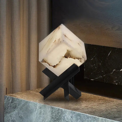 Modern hexagonal cube marble table lamp with white translucent marble shade and black metal base for bedroom decorbites cube marble