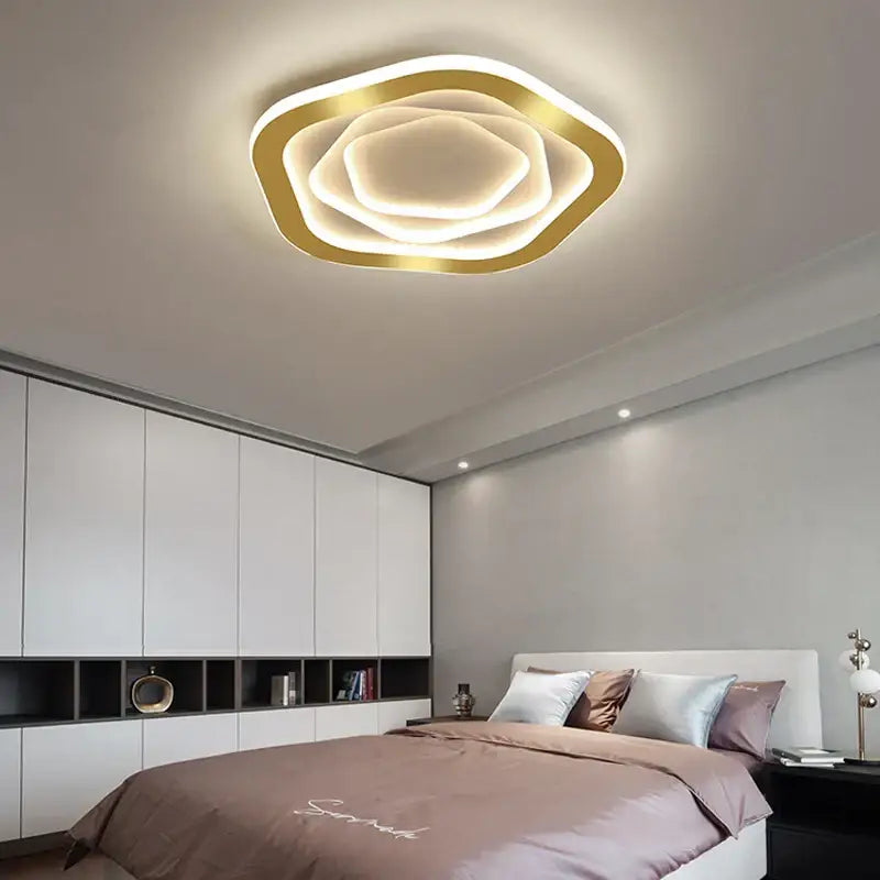 Modern hexagonal gold luxury led ceiling chandelier with multi-layered design for living room decorbites gold luxury decor