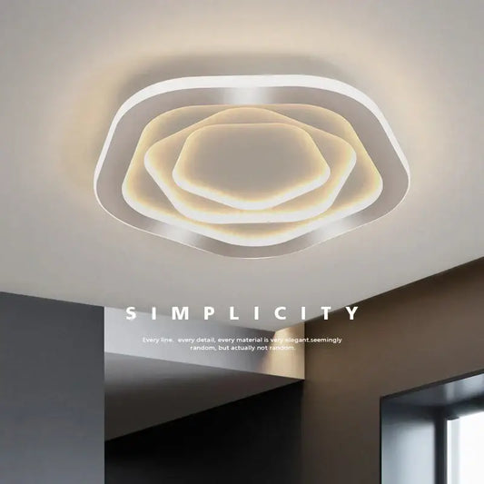 Modern white ceiling light with concentric softly glowing hexagonal rings decorbites gold luxury led chandelier