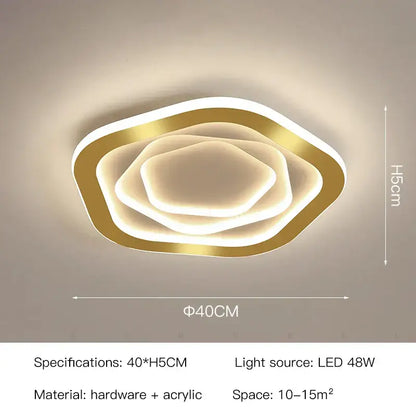 Modern hexagonal gold luxury led ceiling chandelier with layered acrylic rings emitting warm glow for living room decorbites gold luxury
