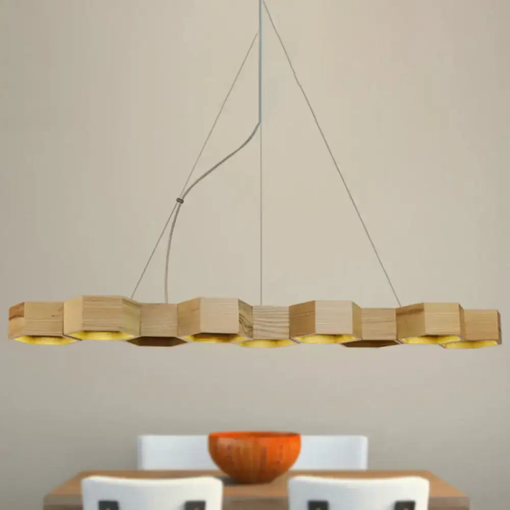 DecorBites modern hexagonal wooden ceiling light fixture with warm yellow LED illumination for island lighting