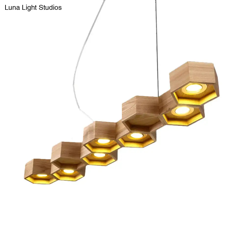 Decorbites modern hexagonal wooden ceiling light fixture with natural wood and warm yellow-gold accents for island lighting