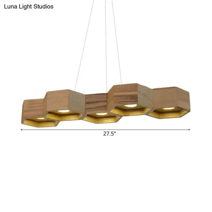 Decorbites™ modern hexagonal wooden ceiling light fixture with natural wood and gold finish for island lighting