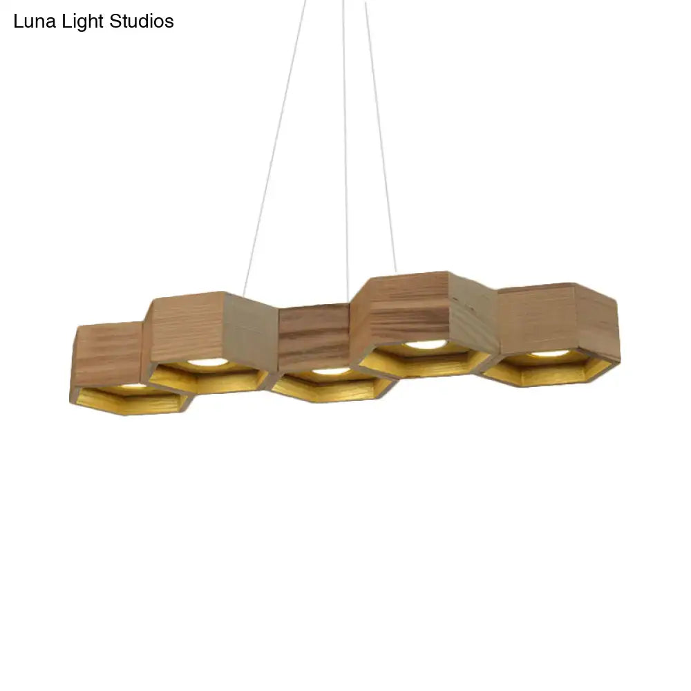 Decorbites modern hexagonal wooden ceiling light fixture with natural wood finish and gold interior for island lighting