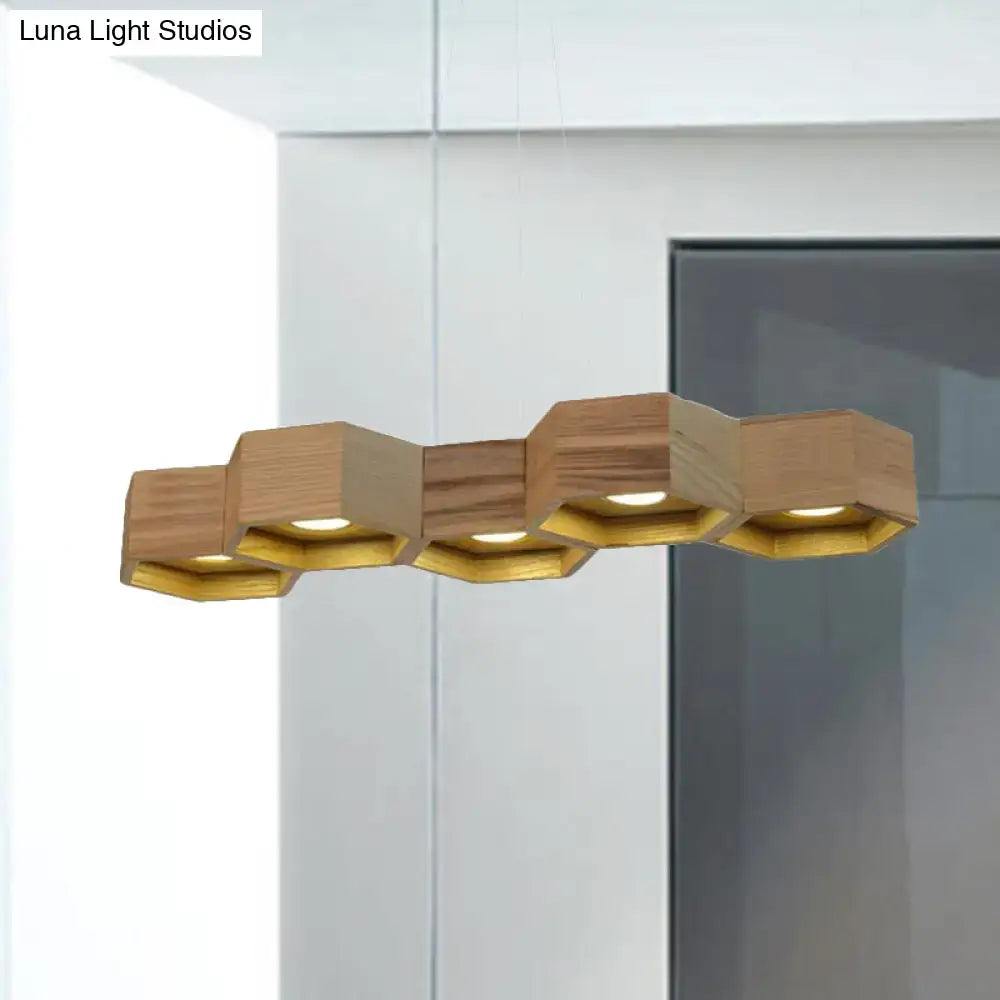 DecorBites modern hexagonal wooden ceiling light fixture with gold interior panels for living room island lighting