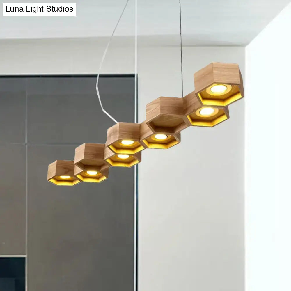 DecorBites™ modern hexagonal wooden ceiling light fixture with warm wood and gold panels for island lighting