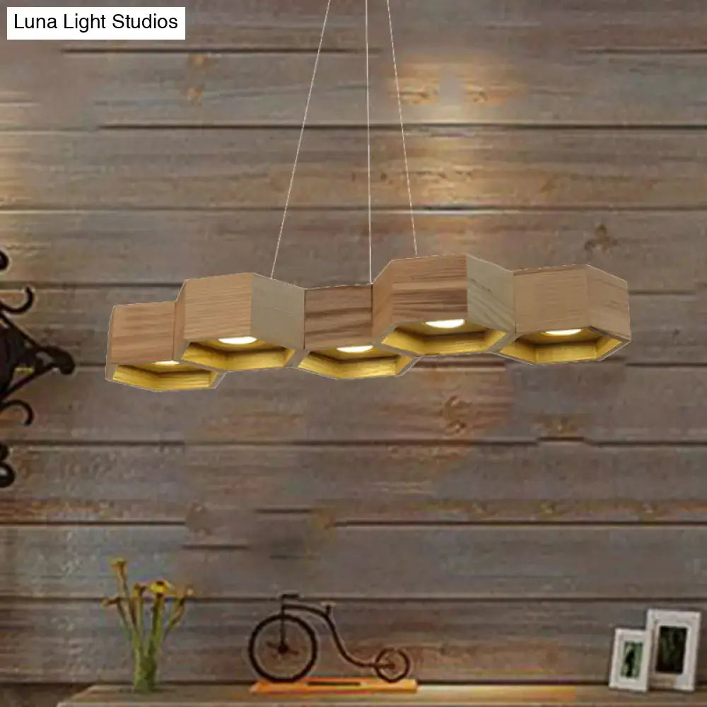 Decorbites modern hexagonal wooden ceiling light fixture with natural wood finish and gold interior for island lighting