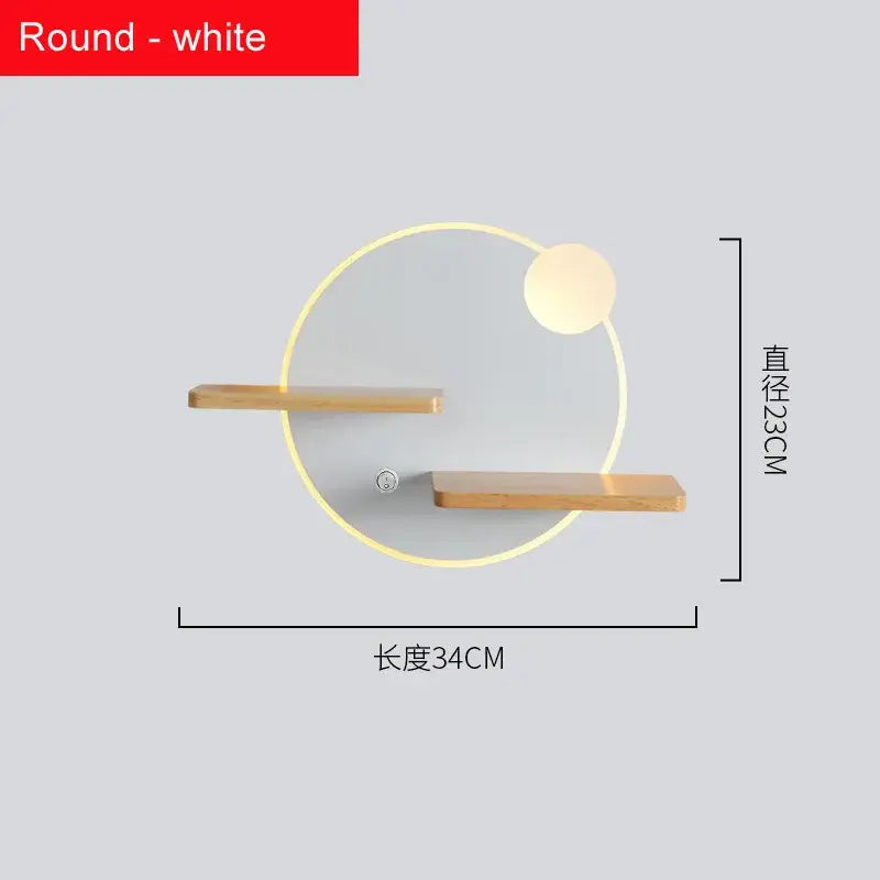 Modern hexagonal white decorbites led bedside shelf wall lamp with light wood floating shelves and glowing led ring design