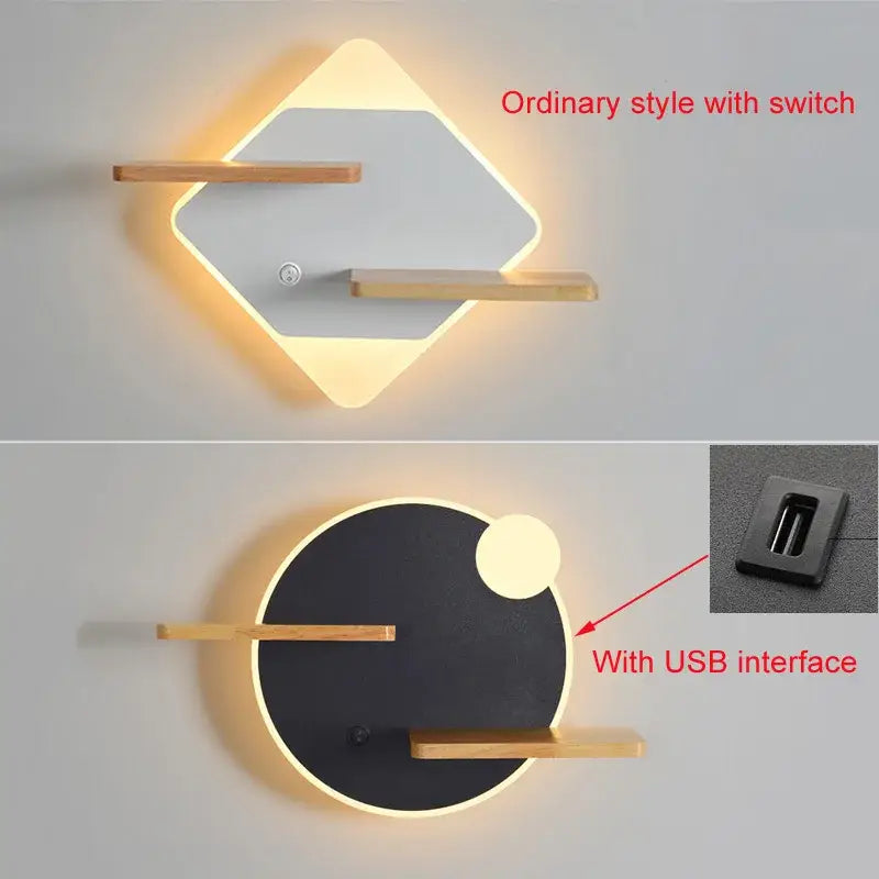 Modern hexagonal wood led bedside shelf wall lamp with a sleek illuminated frame and minimalist wooden shelves for decorbites led bedside use