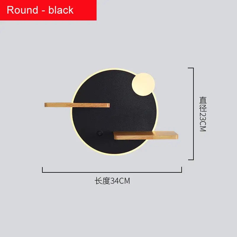 Modern hexagonal black wood led bedside shelf wall lamp with two wooden slats and glowing circular accent decorbites led bedside