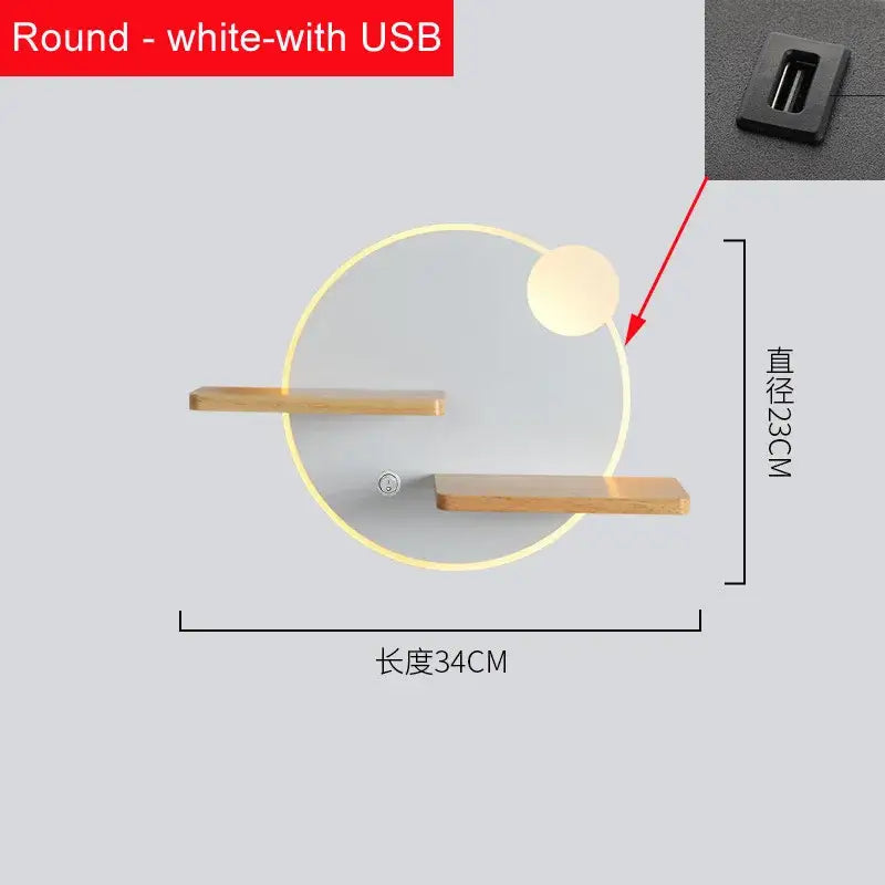 Modern hexagonal wood led bedside shelf wall lamp with round white led ring and two wooden shelves decorbites led bedside