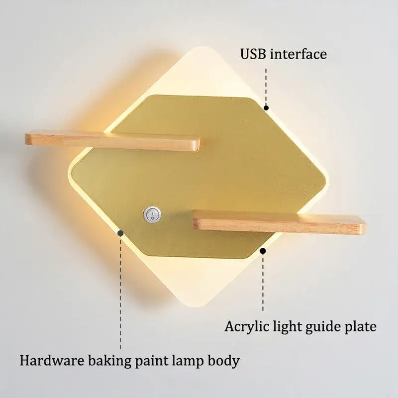 Modern hexagonal wood led bedside shelf wall lamp with matte gold hardware, wooden shelves, and integrated usb charger