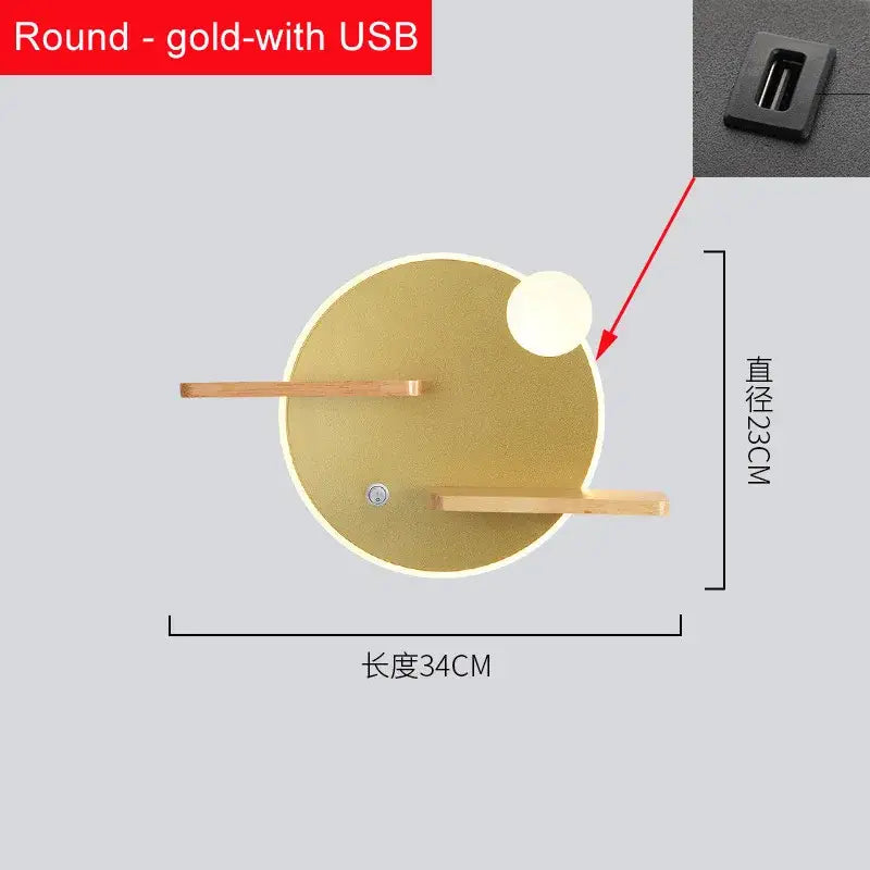 Modern hexagonal wood led bedside shelf wall lamp with gold round brass base usb charger and two light wood shelves