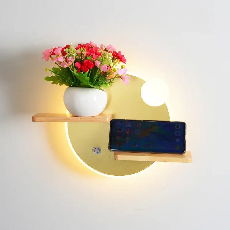 Modern hexagonal wood led bedside shelf wall lamp with golden base, light wood shelves, usb charger, and decorbites led bedside feature