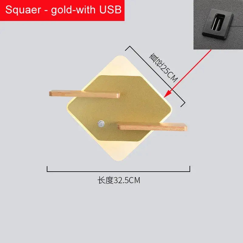 Modern hexagonal gold led bedside shelf wall lamp with wooden bars and built in usb port for decorbites led bedside use